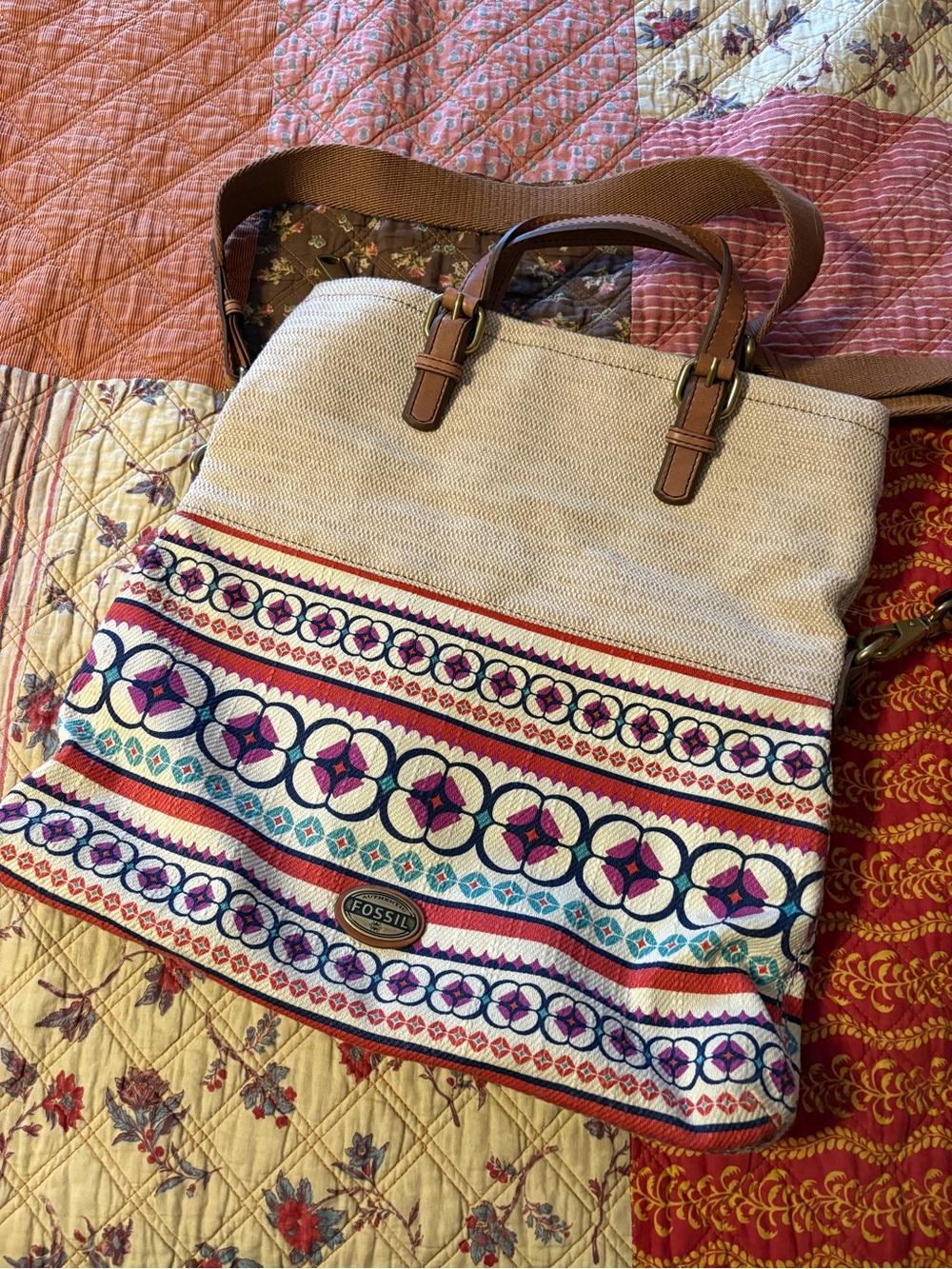 Fossil Boho Woven Canvas Tote Crossbody Bag Leather Trim Multicolor